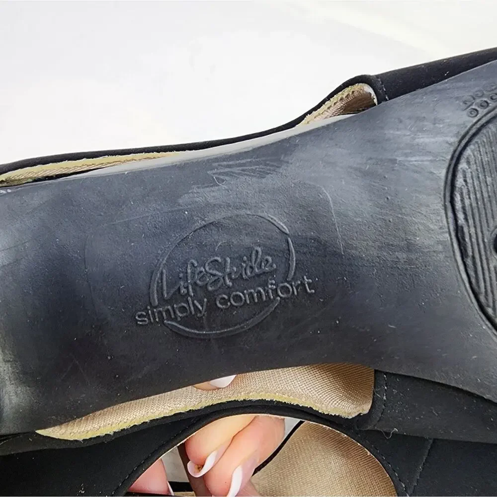 Lifestride Simply Comfort Black Suede Stretch Heels Peep‎ Toe Women's Size 7.5